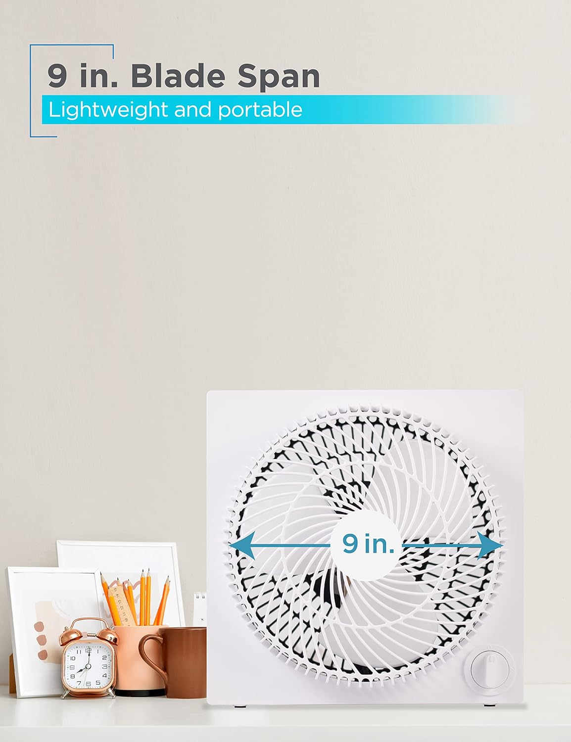 9-Inch Frameless Box Fan, Freestanding Desk Fan with 3-Speed Settings, Portable Fan for Home Office or Garage