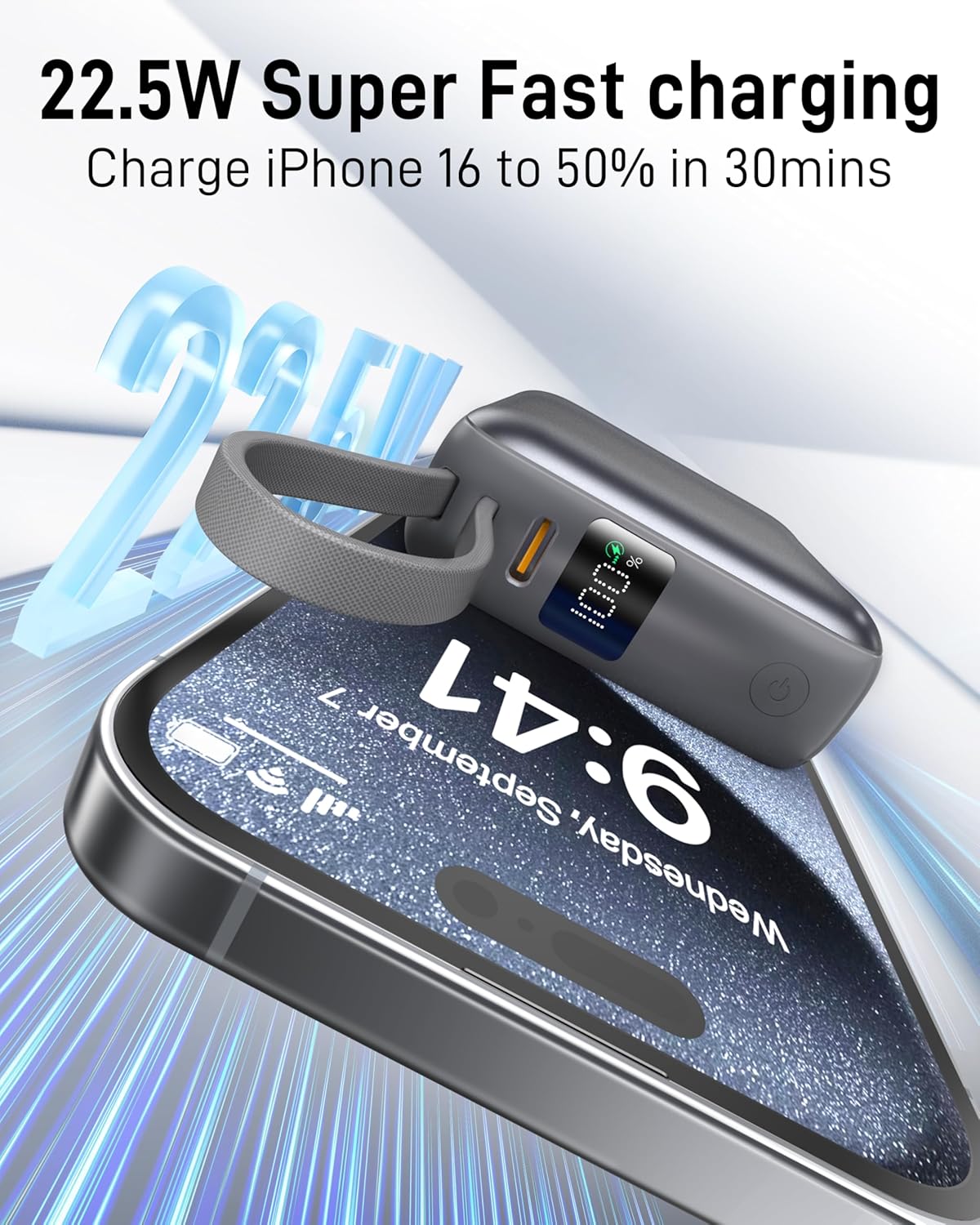 Small Portable Charger, 22.5W Fast Charging Mini Power Bank 10000mAh with Built-in Cables, Travel Essential USB-C Battery Pack Compatible with iPhone