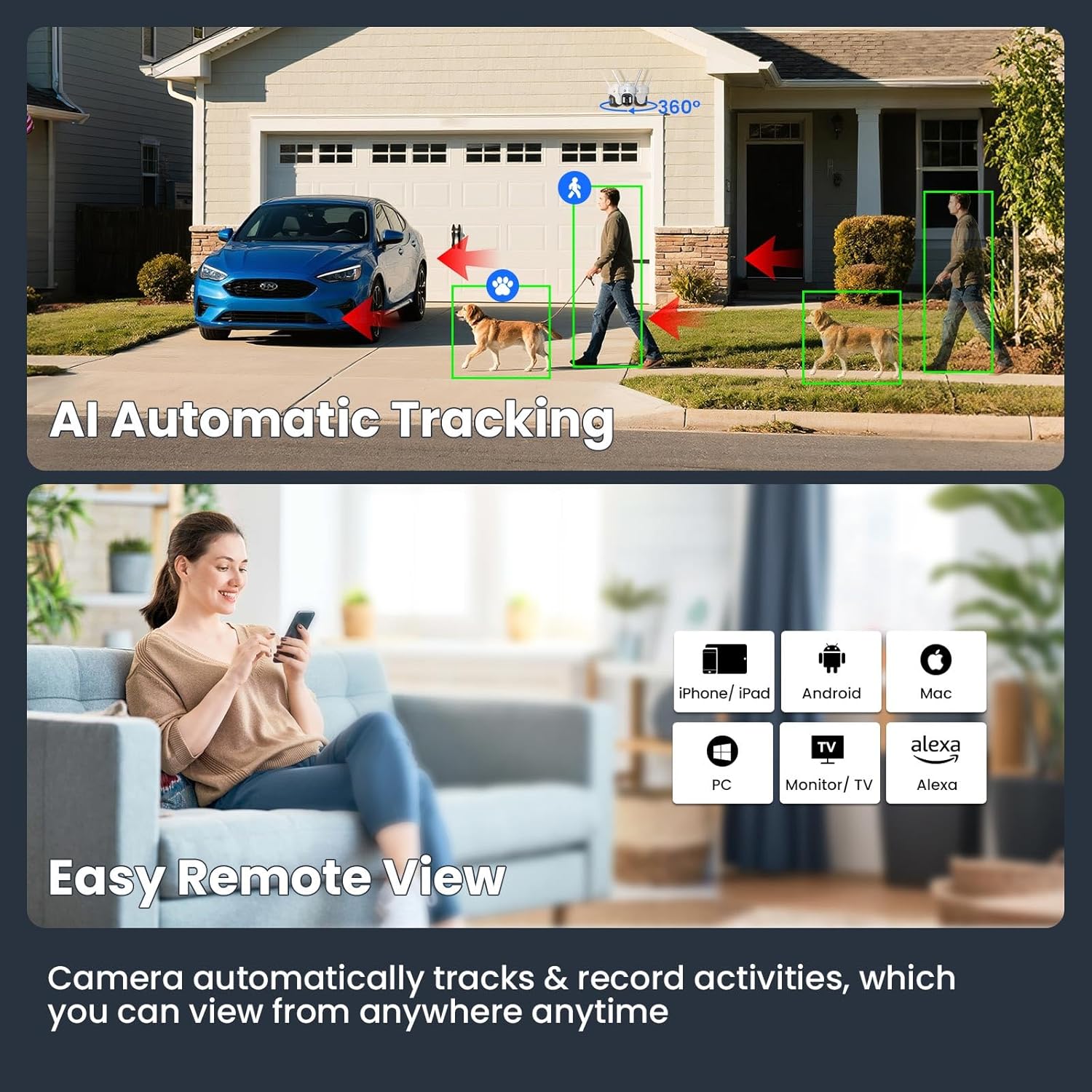 10X Zoom Security Camera, 2K HD 24/7 Recording Security Camera System with Auto Tracking, Wireless Home Security System for Indoor Outdoor